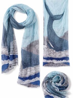 Inoui Editions 100% Cotton Whale Scarf Blue Coastal Print Lightweight Wrap Shawl